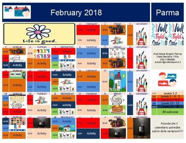 Calendario attività Febbraio 2018 Wall Street English Parma